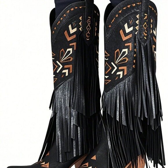 Black Bohemian Women's Fringe Tassel Cowgirl Western Chunky High Heels Boots - Picture 2 of 6